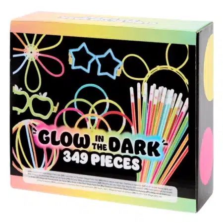 Box of Glow in the Dark party set with neon shapes and sticks; front reads 'GLOW IN THE DARK 349 PIECES'.