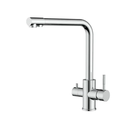 Chrome kitchen faucet with a tall, curved spout and round control knobs on the side (modern design)