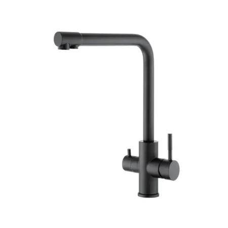 Matte black kitchen faucet with a tall, curved high-arc spout and two cylindrical side handles (single-handle mixer style).