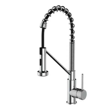 Modern chrome kitchen faucet with a pull-down spray head and coiled spring spray hose.