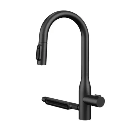 Black modern kitchen faucet with a high-arc curved spout and pull-down spray head